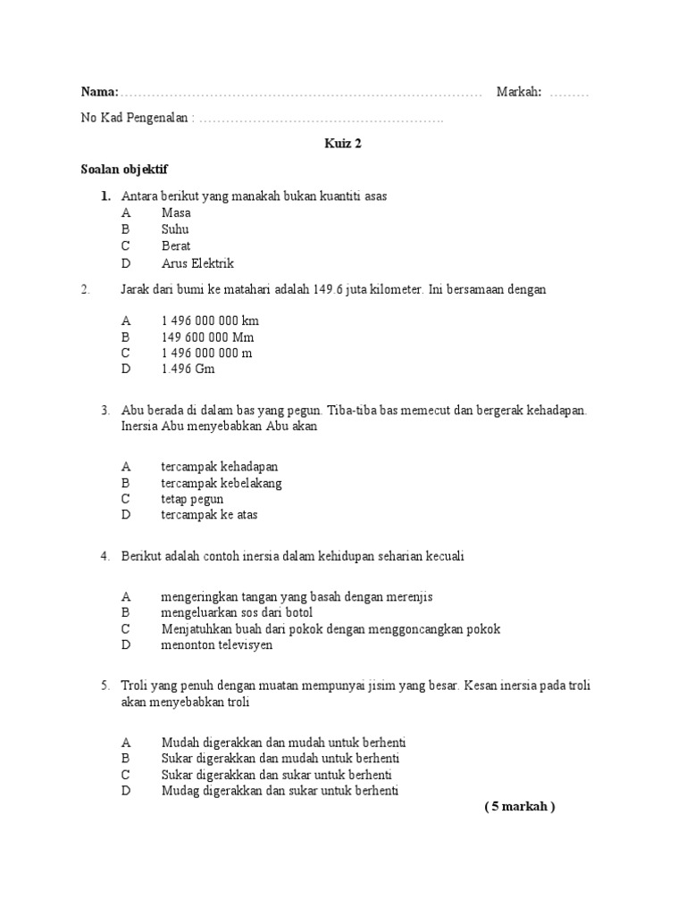 Kuiz 2 (Asas Terbitan Inersia) | PDF
