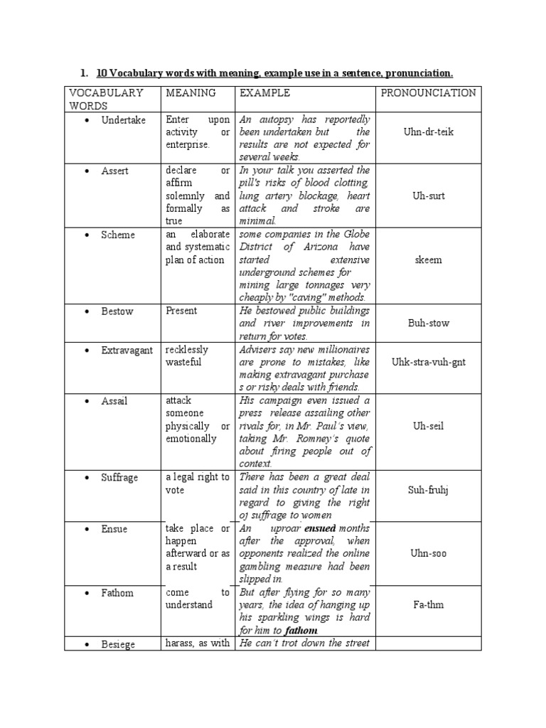 10 Vocabulary Words With Meaning, Example Use in A Sentence