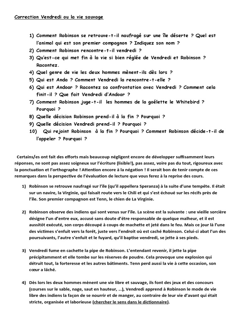 Vendredi Ou La Vie Sauvage Questionnaire Corrigé Correction Vendredi Ou La Vie Sauvage | PDF