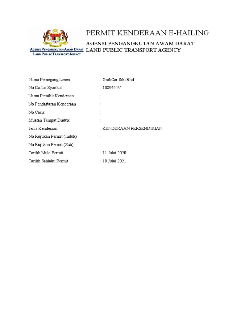 PERMIT KENDERAAN E HAILING EVP Blank Template PDF