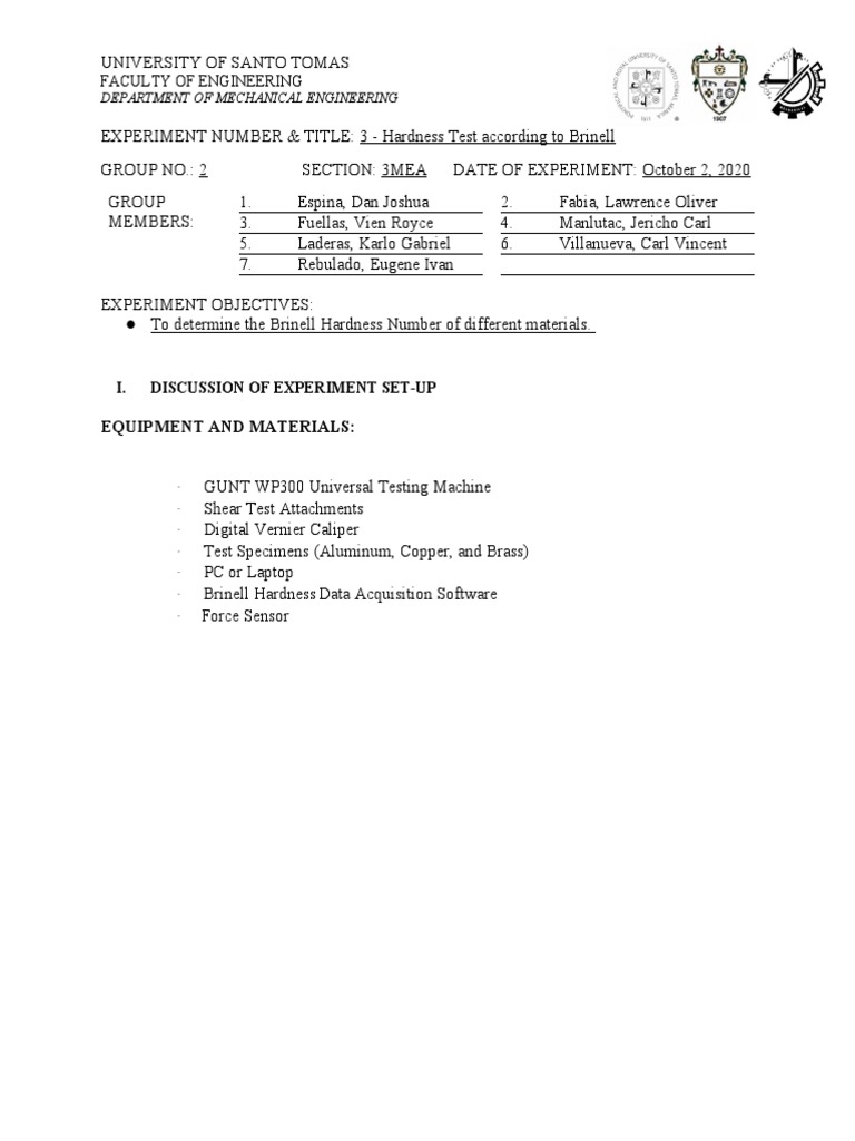 Expt 3 Brinell Hardness Test PDF Hardness Chemical Product