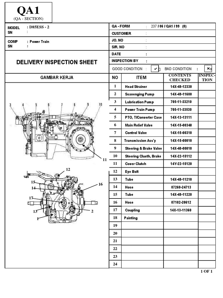 D85ESS-2 Dozer Inspection Checklist | PDF | Vehicle Parts | Vehicles