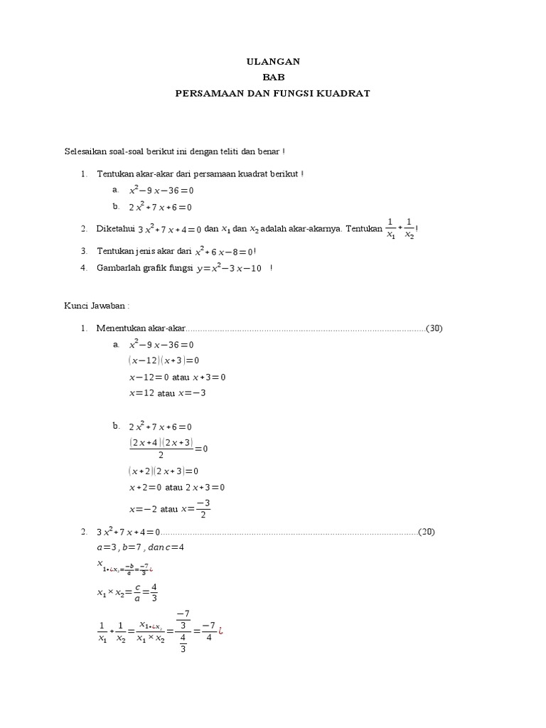 Soal Ulangan XI Persamaan Dan Fungsi Kuadrat | PDF