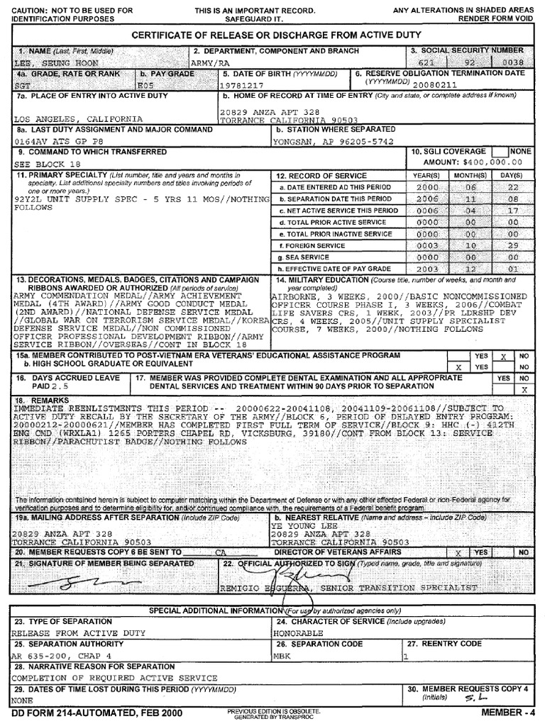 Blank Fillable DD 214 Form | PDF