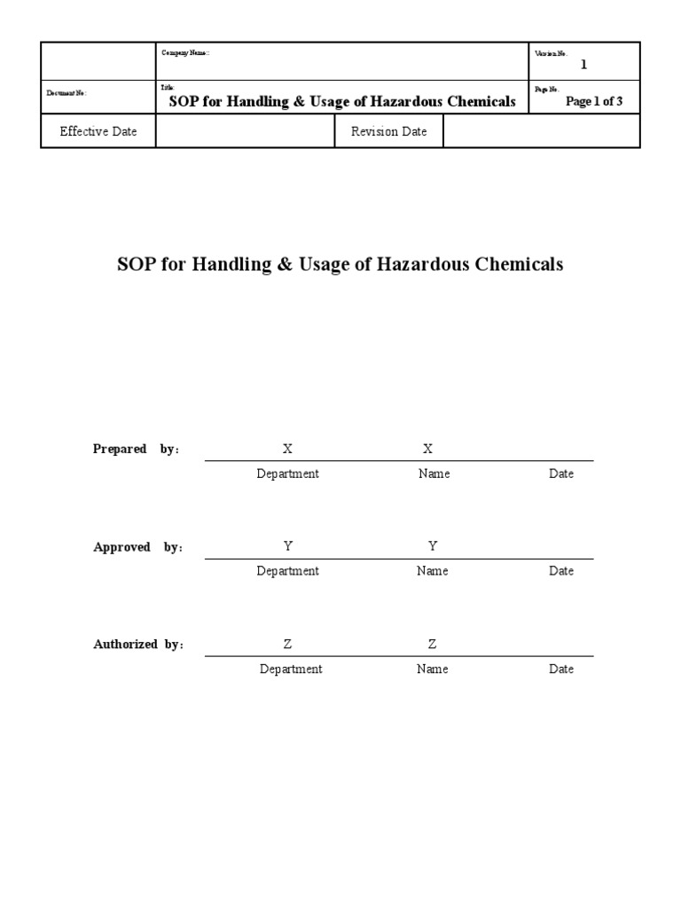 SOP For Handling & Usage of Hazardous Chemicals PDF Dangerous Goods