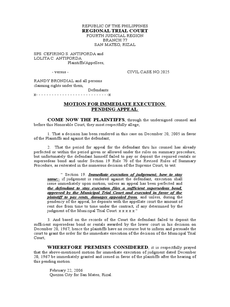 Motion For Execution Pending Appeal PDF Supersedeas Bond Judgment