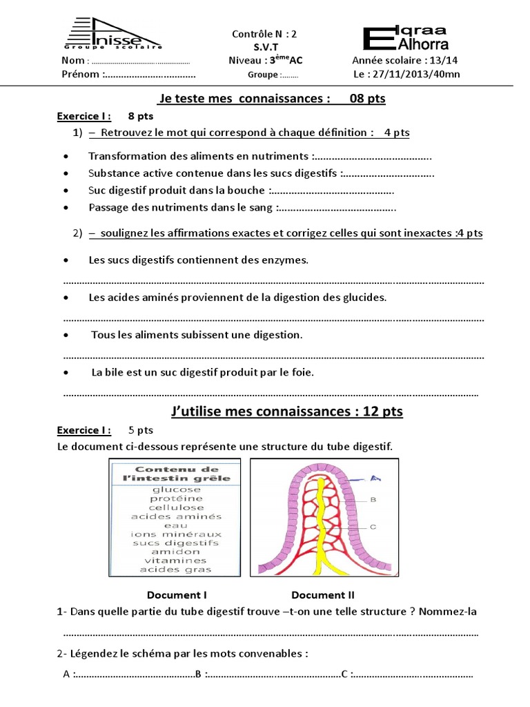 Devoir Svt : La Digestion Des Aliments Correction Devoir 2 Modele 2 SVT 3ac Semestre 1 | PDF | Digestion | Biochimie