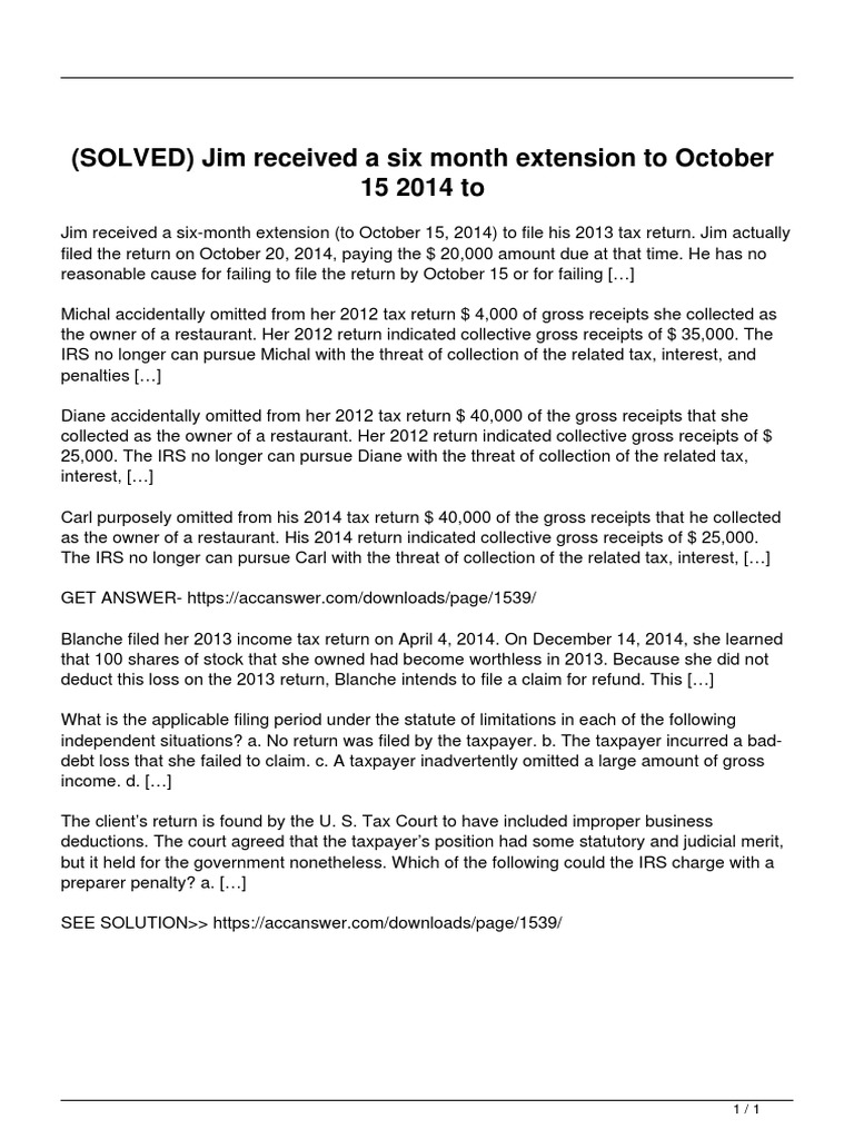 Solved Jim Received A Six Month Extension To October 15 2014 To PDF