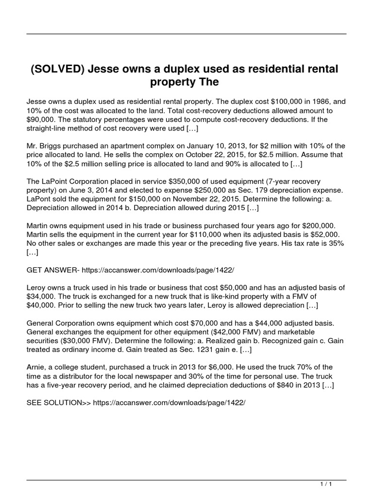 Solved Jesse Owns A Duplex Used As Residential Rental Property The PDF Depreciation Tax