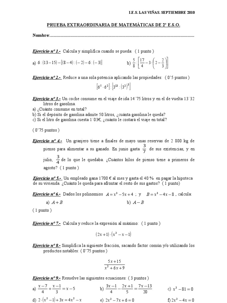 Examen Extraordinario Matemáticas 2º E.S.O. | PDF | Enseñanza de matemática