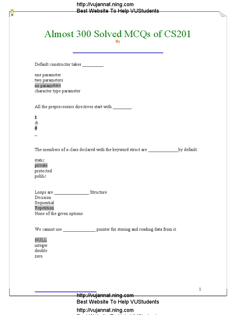 Almost 300 Solved Mcqs Of Cs201 Introduction To Programing Pdf C Programming Language Constructor Object Oriented Programming