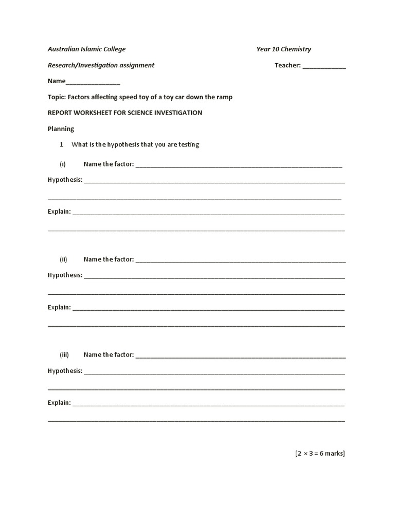 Name Topic Factors Affecting Speed Toy of A Toy Car Down The Ramp Report Worksheet For