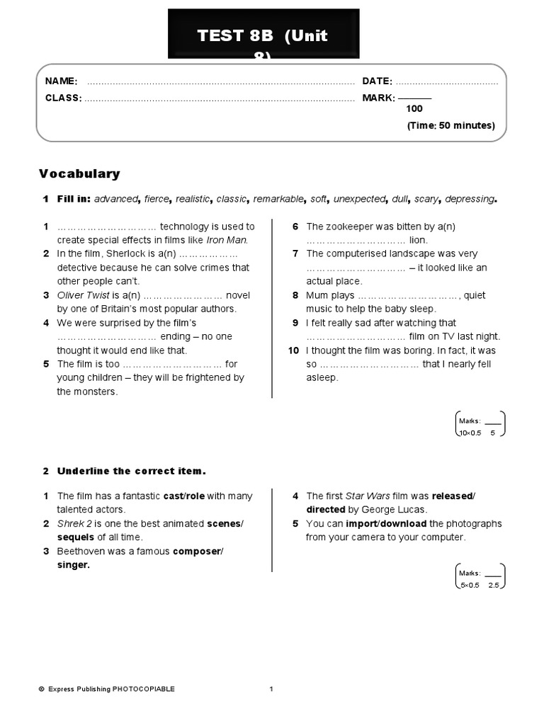 TEST 8B (Unit 8) : Vocabulary | PDF