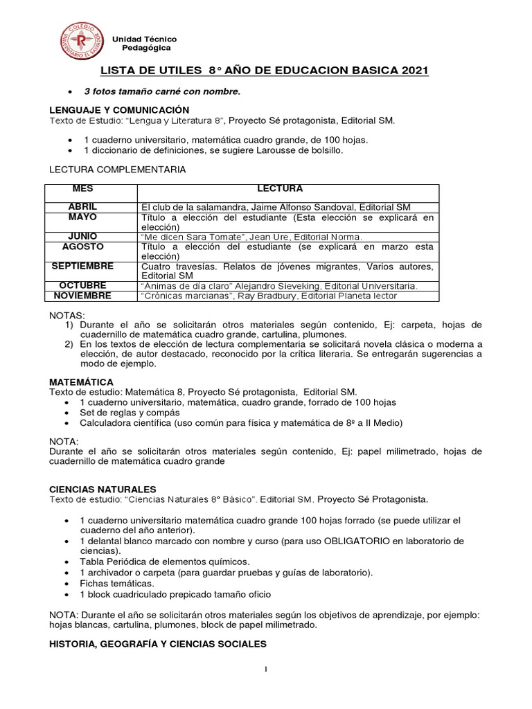 Materiales para Ciencias Naturales 8° Básico | PDF | Lápiz | Publicación