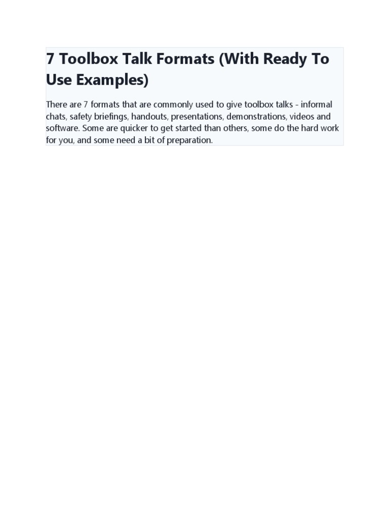 Toolbox Talk Formats and Examples | PDF | Online Chat | Occupational ...