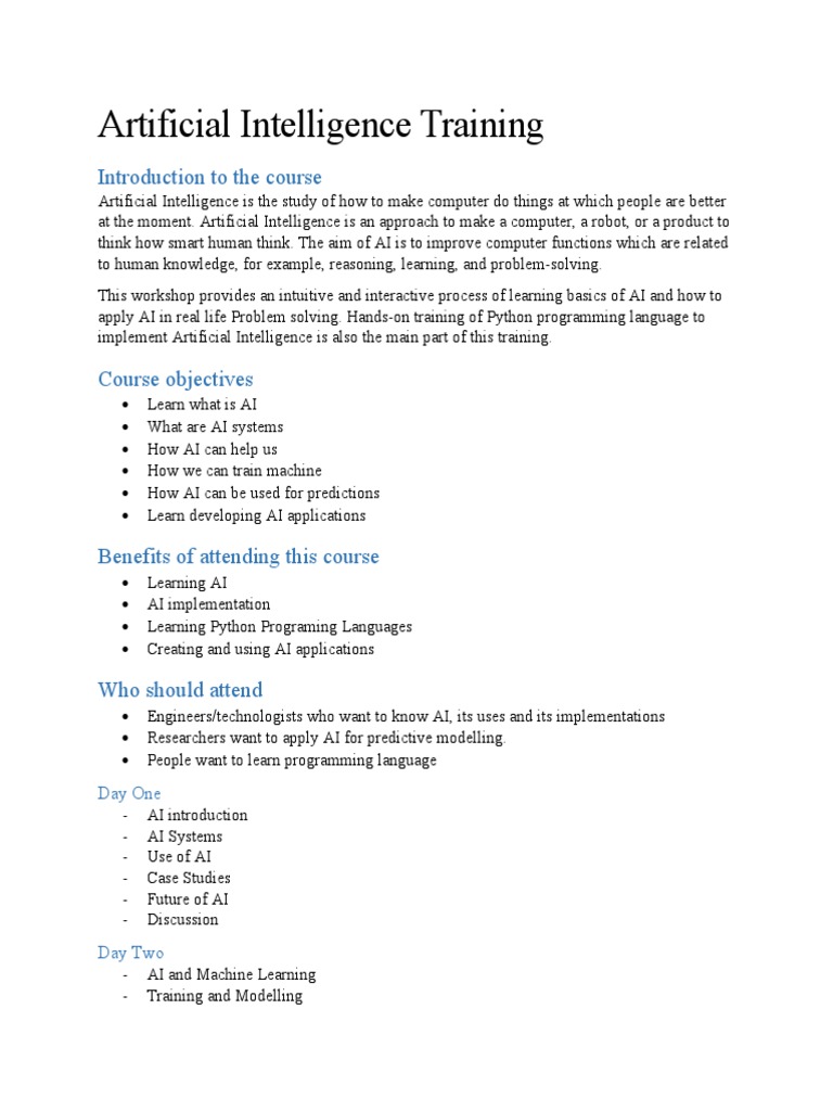 Artificial Intelligence Training Introduction To The Course Pdf