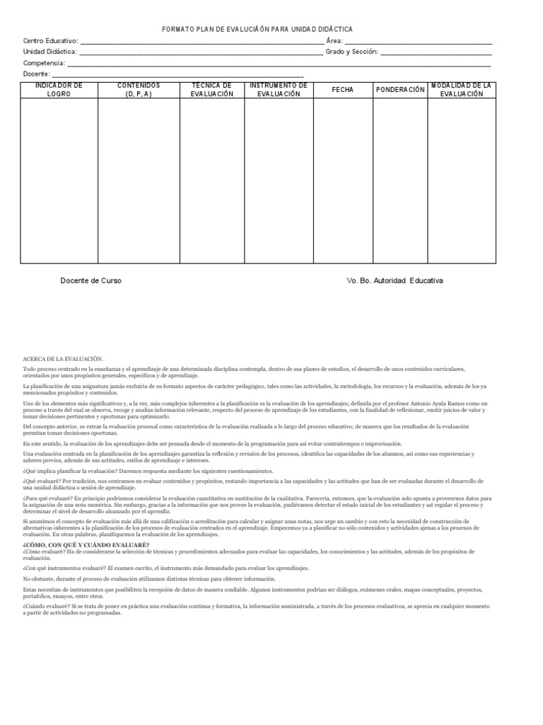 Formato de Plan de Evaluación Didáctica | PDF | Evaluación | Aprendizaje