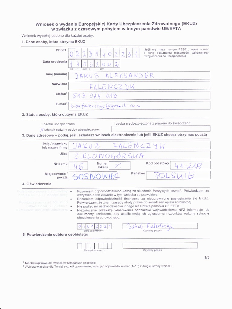 Jakub Faleńczyk Wniosek Karta EKUZ+Legityacja PDF