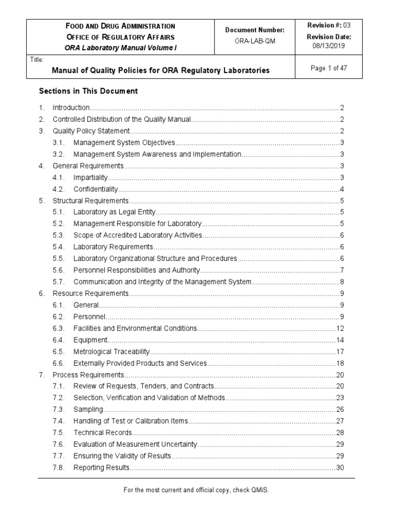 F D A O R A ORA Laboratory Manual Volume I PDF Laboratories