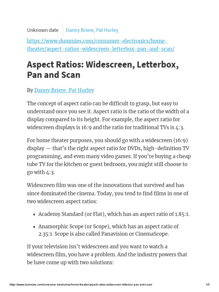 Aspect Ratios Widescreen, Letterbox, Pan and Scan PDF Filmmaking