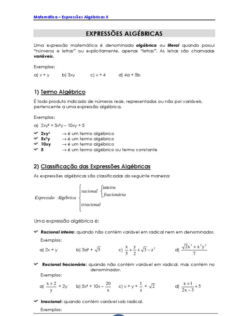 Exercícios de Expressões Algébricas 7º Ano | PDF | Álgebra | Álgebra ...