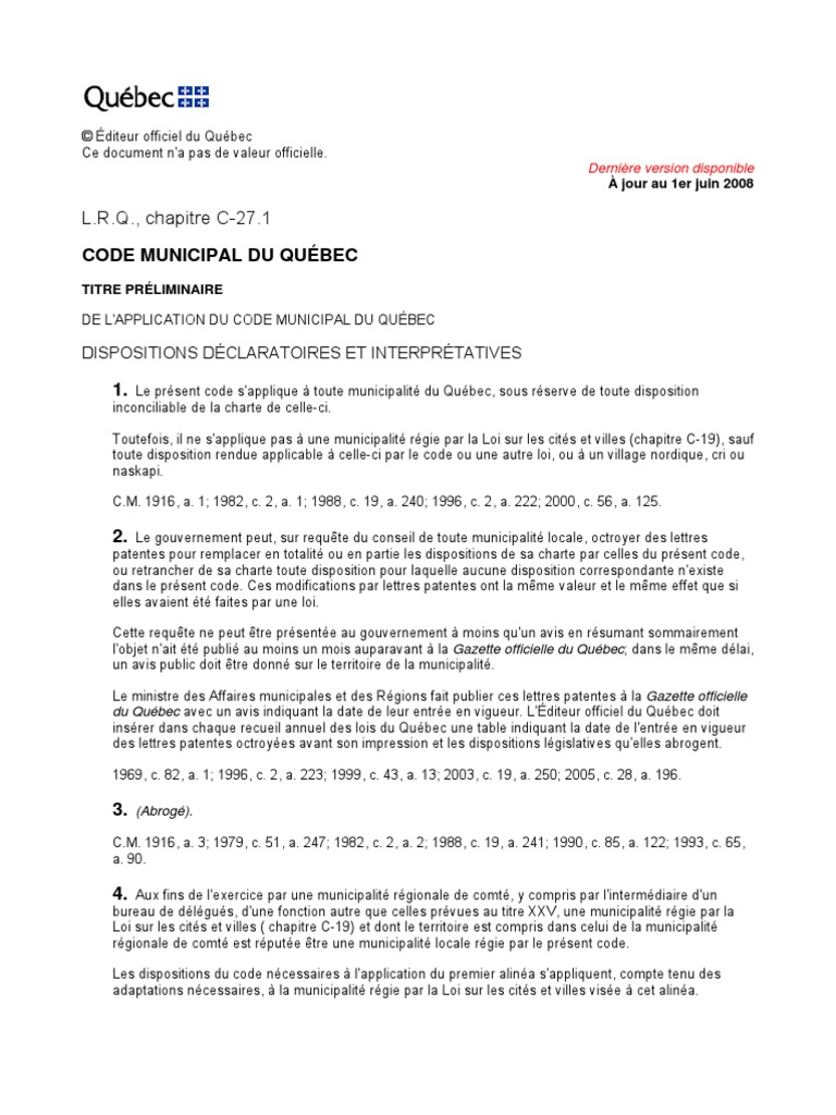 Code Municipal Du Québec | PDF | Loi | Québec