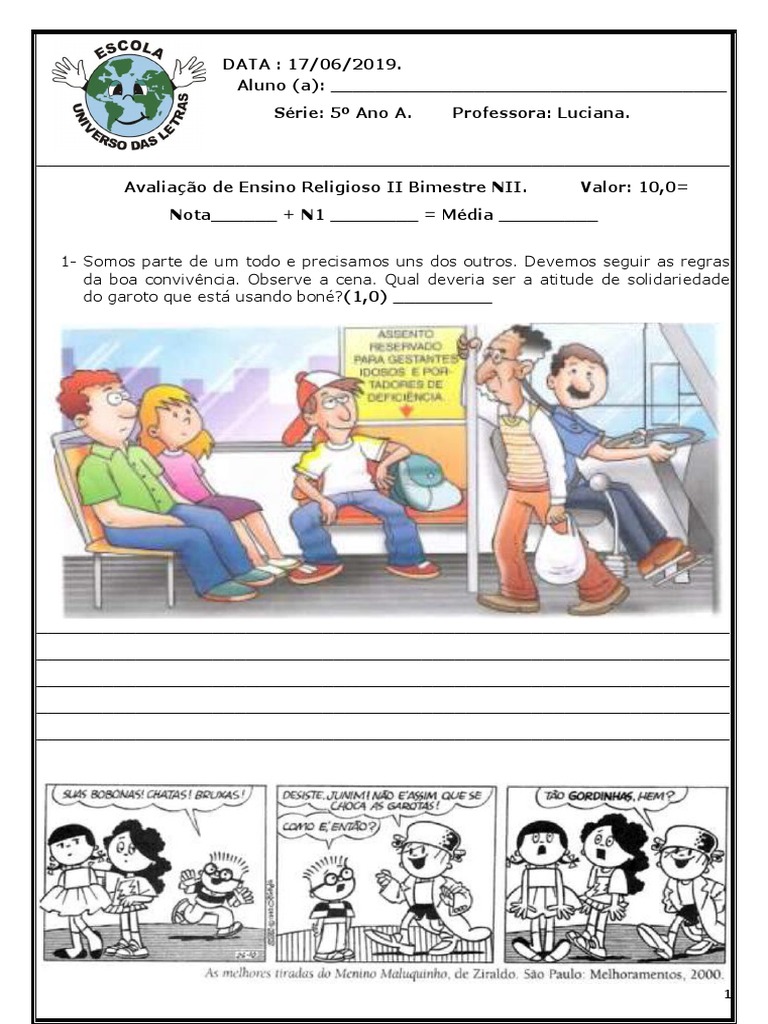 Avaliação de Ensino Religioso sobre Valores e Convivência em Sociedade ...