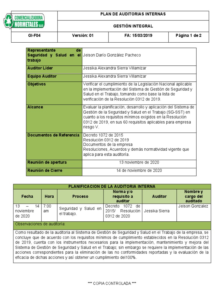 GI-F04 Plan de Auditoria Interna | PDF | Auditoría | Contralor