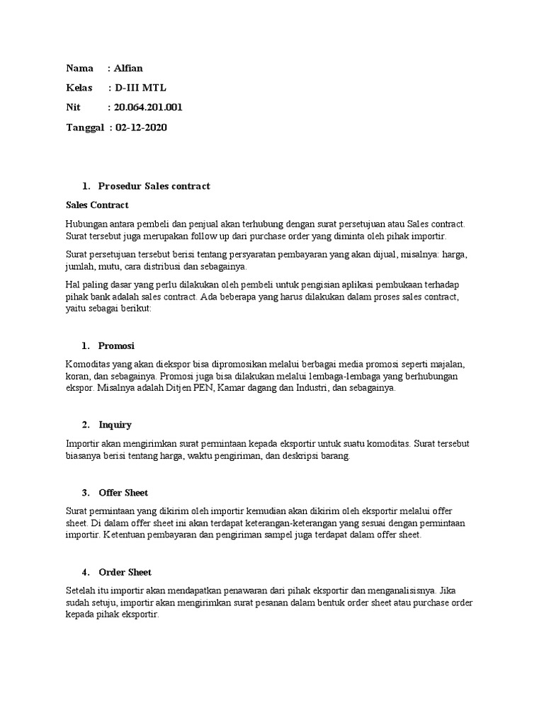 Prosedur dan Contoh Sales Contract | PDF