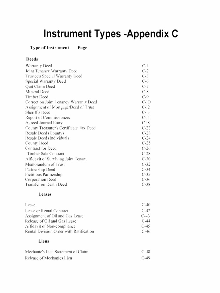 Appendix C Instrument Types | PDF | Deed | Lease
