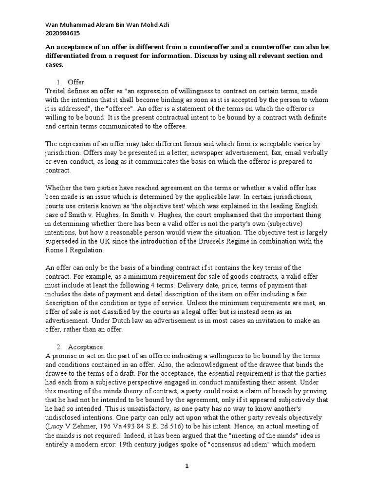 An Acceptance of An Offer Is Different From A Counteroffer and A