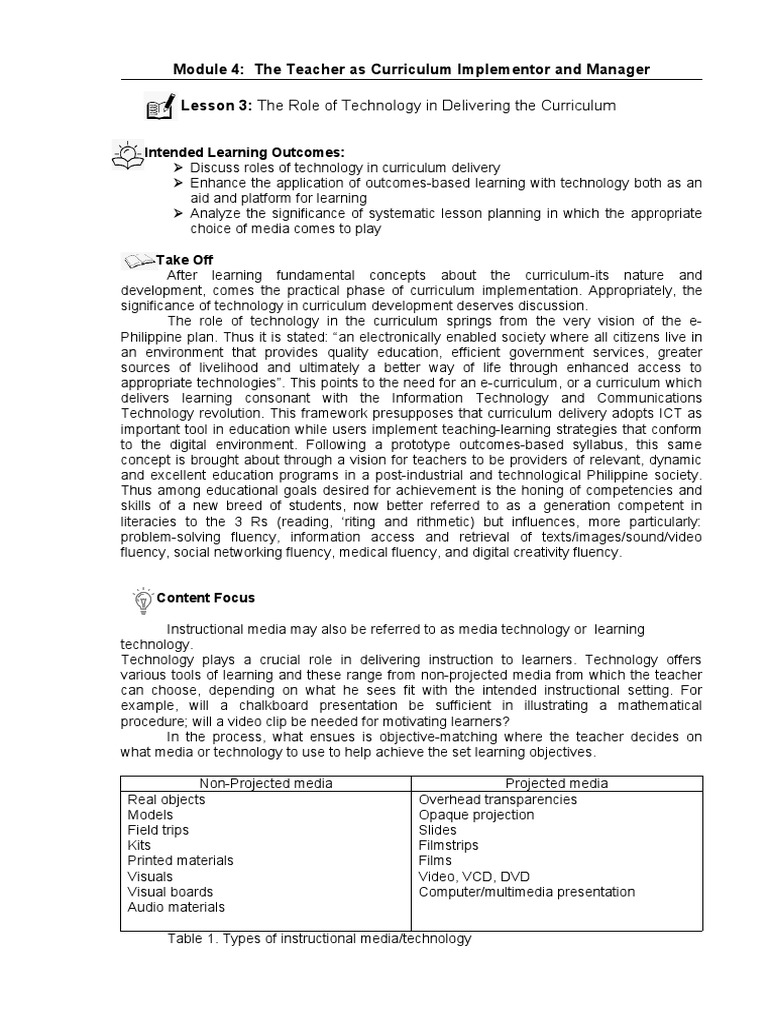 Lesson 3: The Role of Technology in Delivering The Curriculum | PDF ...