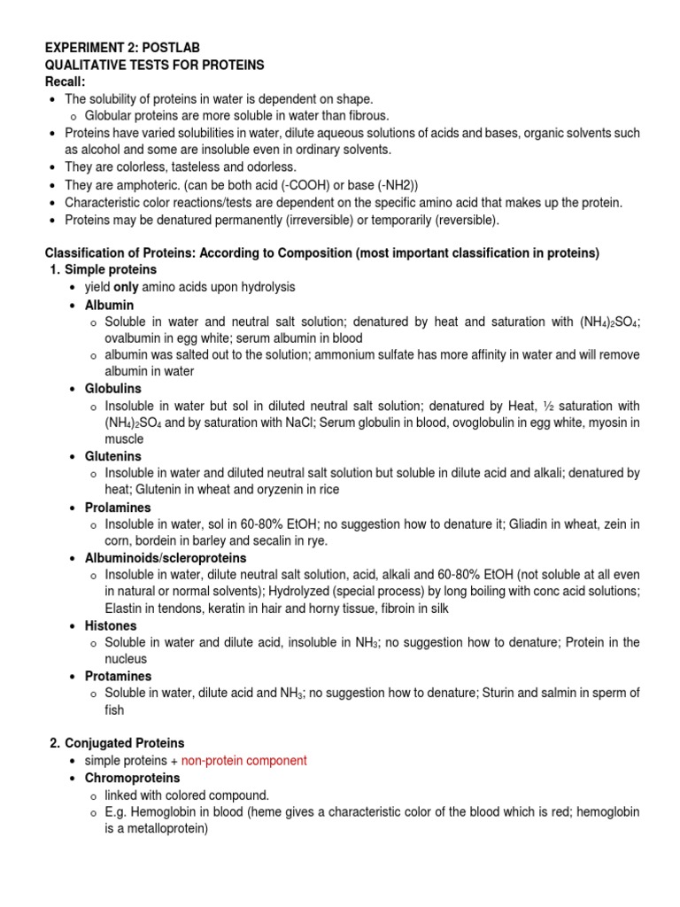 Experiment 2 Postlab Qualitative Tests For Proteins Recall PDF