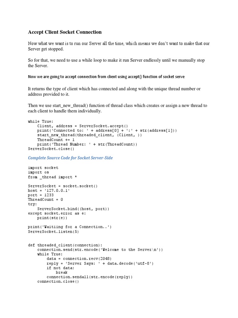 Socket Server Multithreading PDF ClientServer Model Network Socket