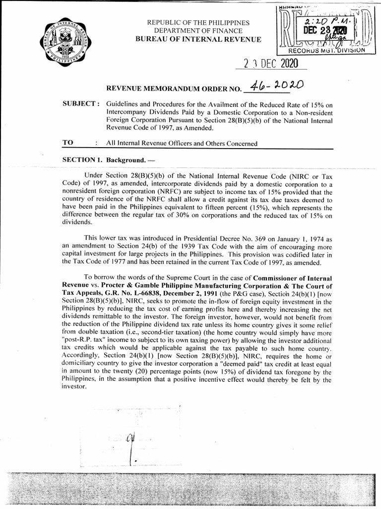 Guidelines for Applying the Reduced 15 Tax Rate on Dividends Paid by Domestic
