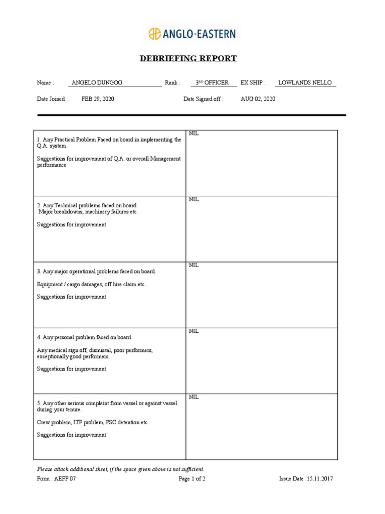 Debriefing Report of 3rd Officer Dungog | PDF | Business