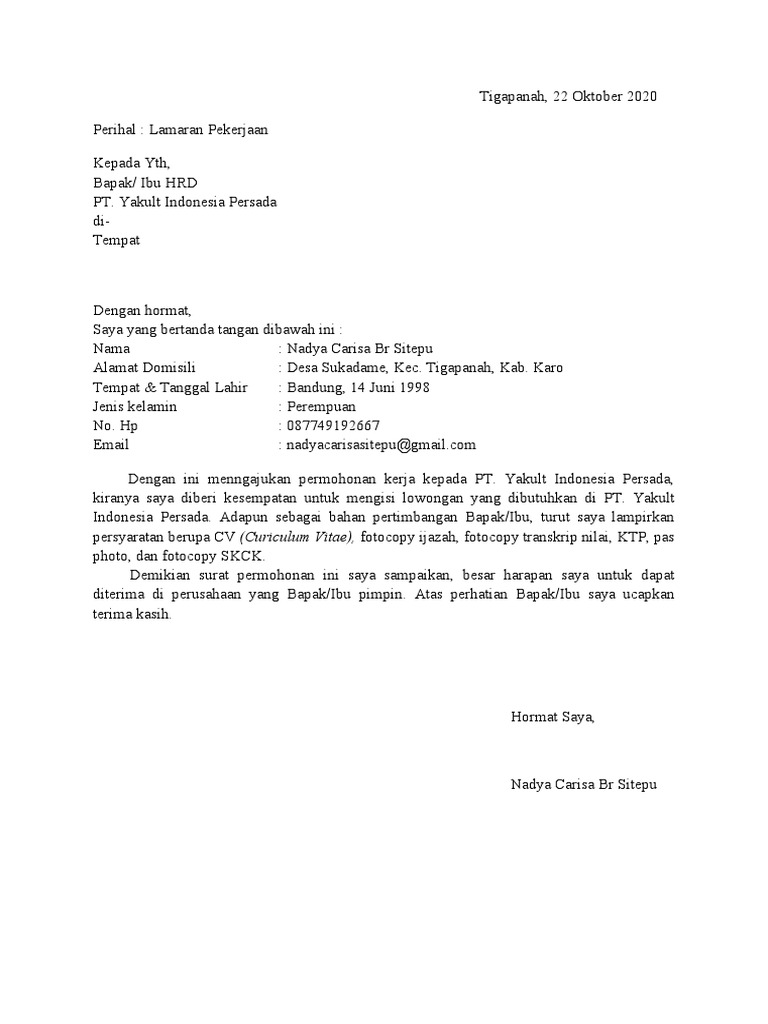 Surat Lamaran PT Yakult | PDF