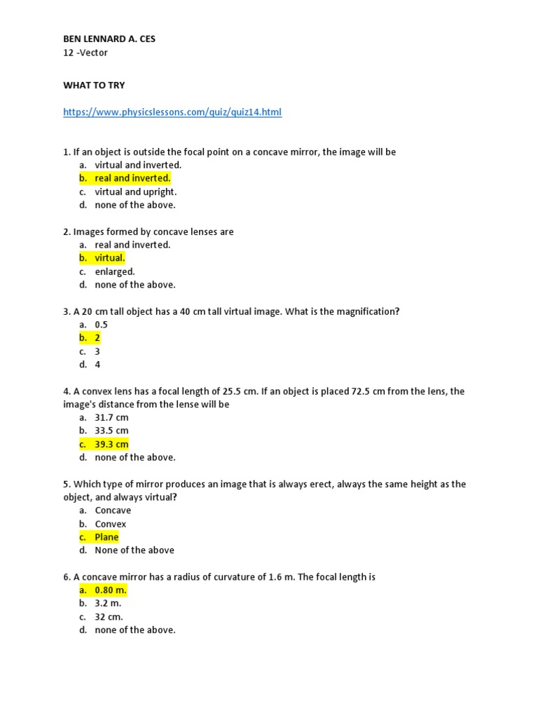 Concave Mirror Quiz Answers PDF Mirror Refraction