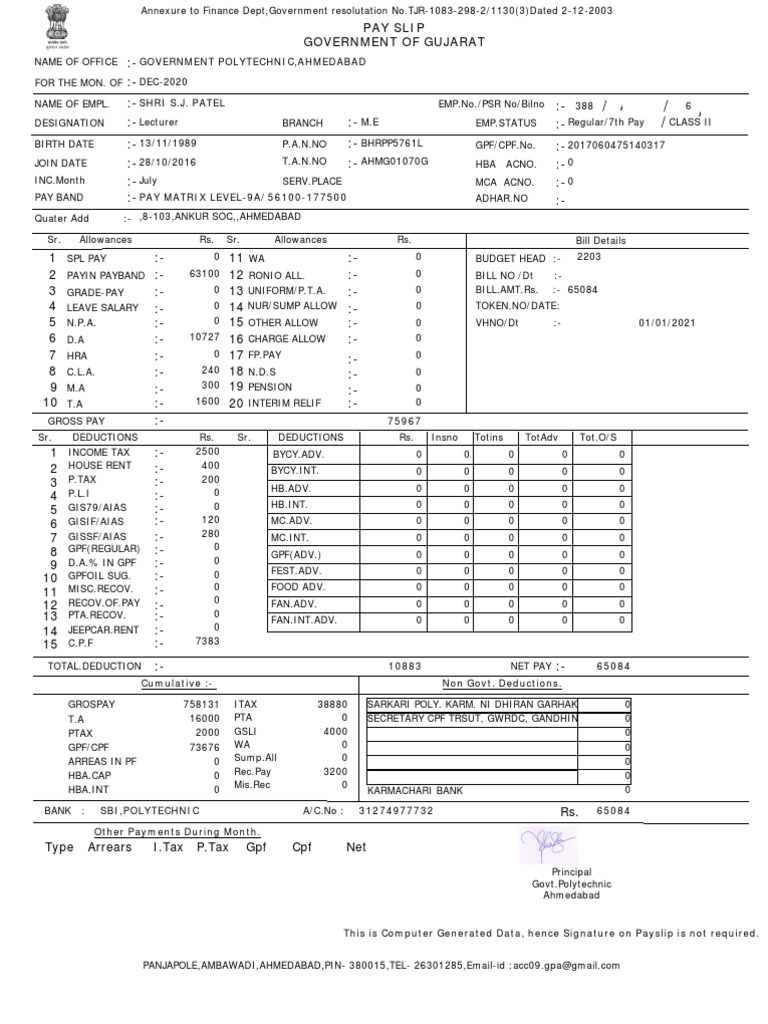 Pay Slip Government of Gujarat PDF Government Finances Taxes