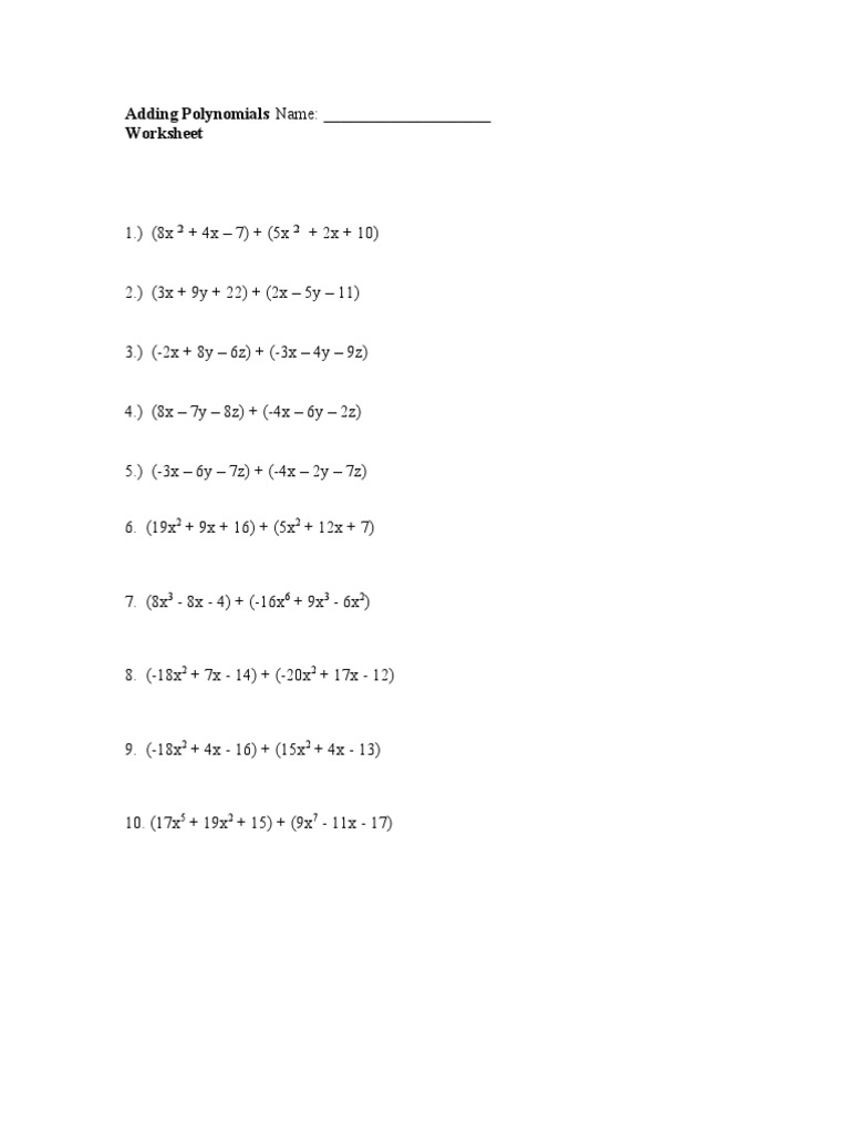 Adding Polynomials Worksheet | PDF