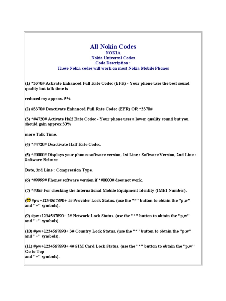 All Nokia Codes Mobile Technology