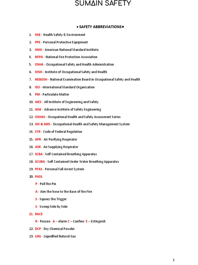 Safety Abbreviation PDF Safety Occupational Safety And Health