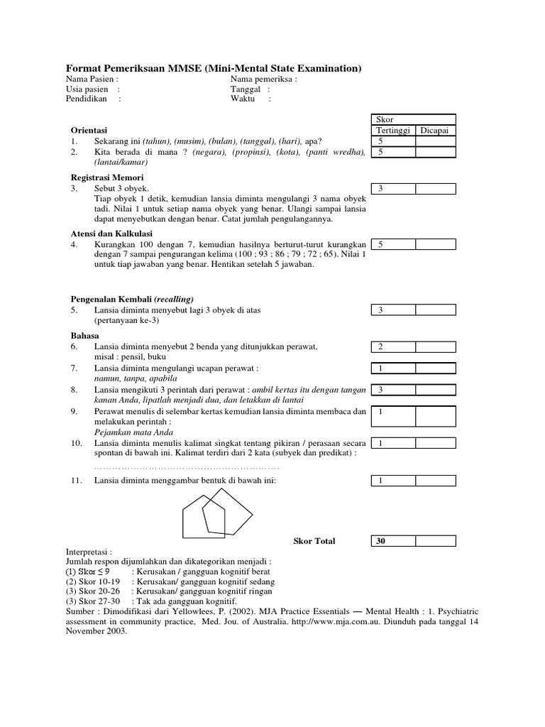 Format Pemeriksaan MMSE untuk Lansia | PDF