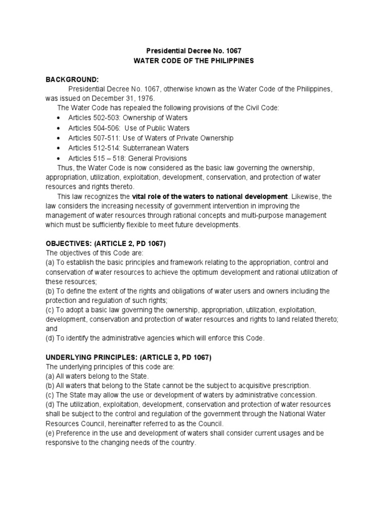 Presidential decree no 1067 water code of the philippines background
