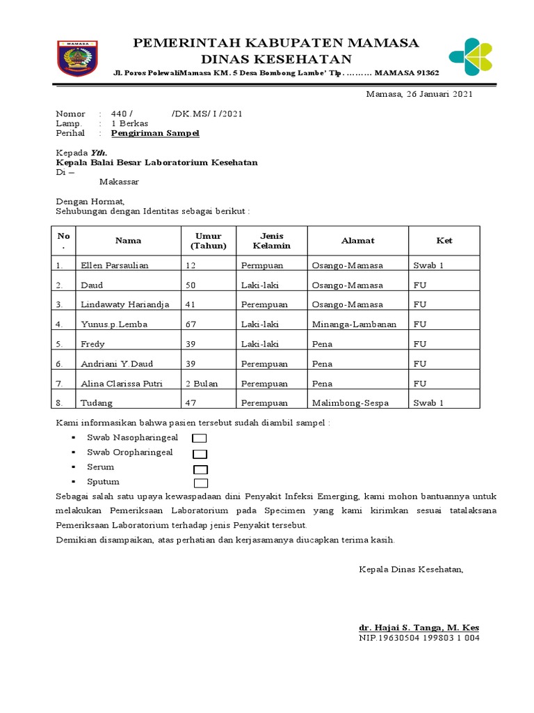 Surat Pengantar Pengiriman Sampel | PDF