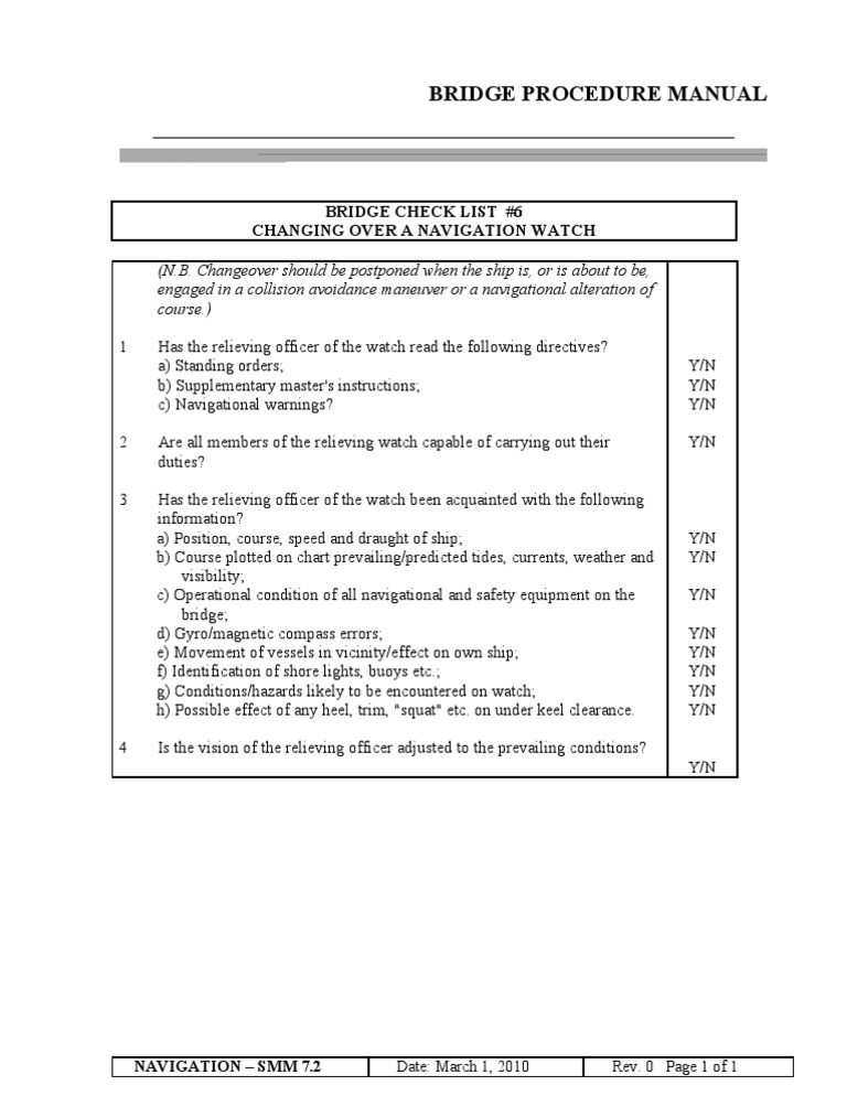 Bridge Check List #6 | PDF | Navigation | Ships