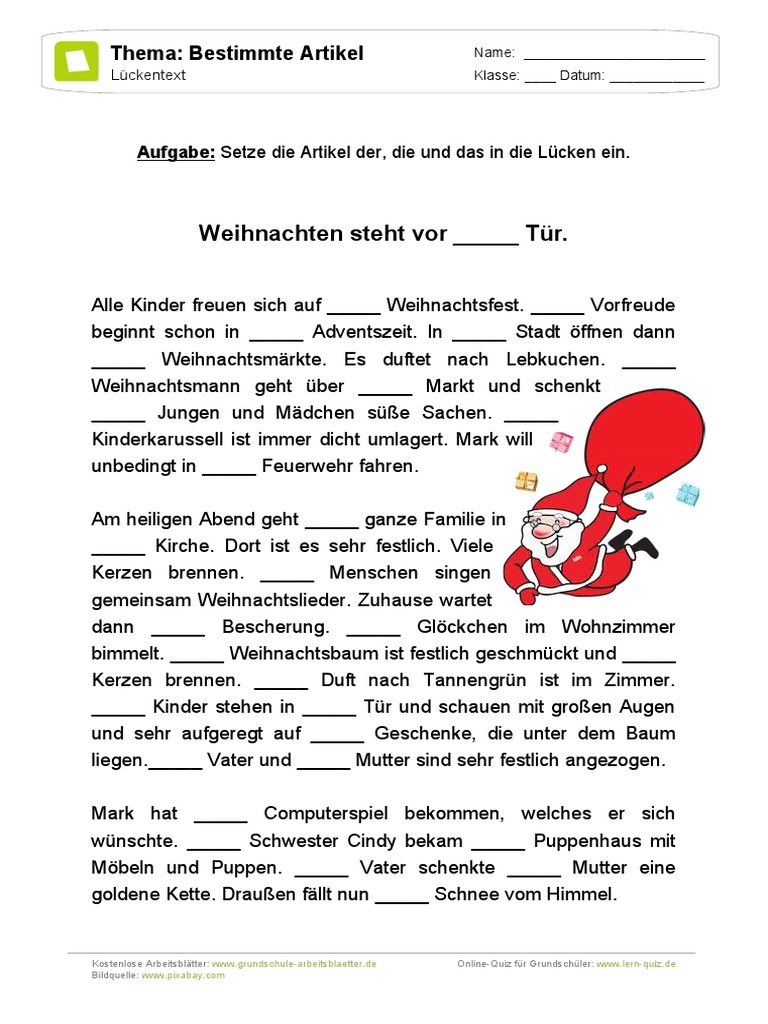 Bestimmte Artikel Lueckentext Weihnachten PDF