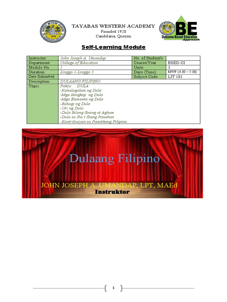 LIT 107 - DULAANG FILIPINO - Gawain 1-2 | PDF