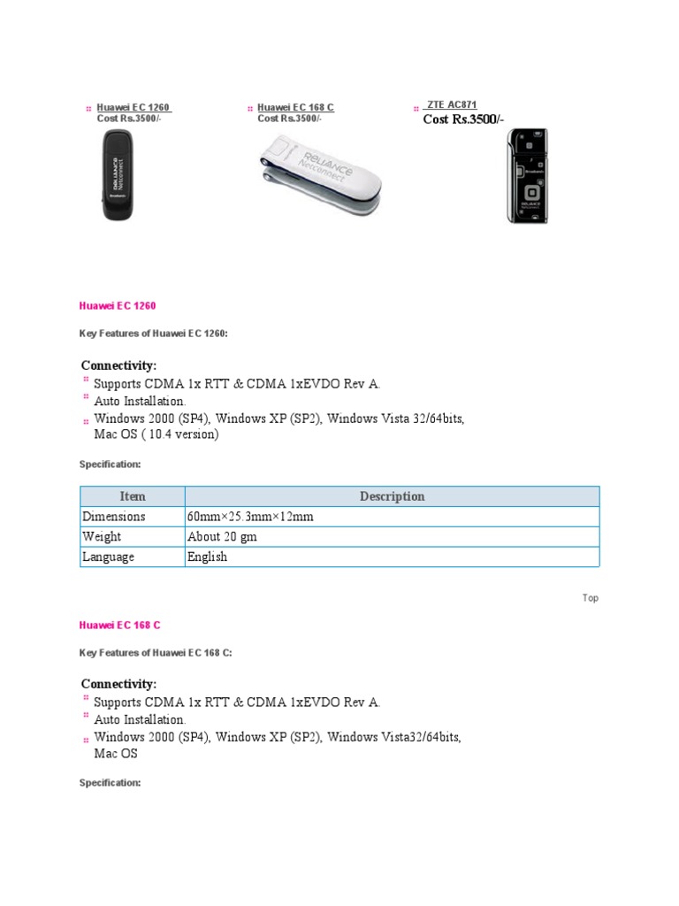 Comparison of key specifications and features of Huawei, ZTE and