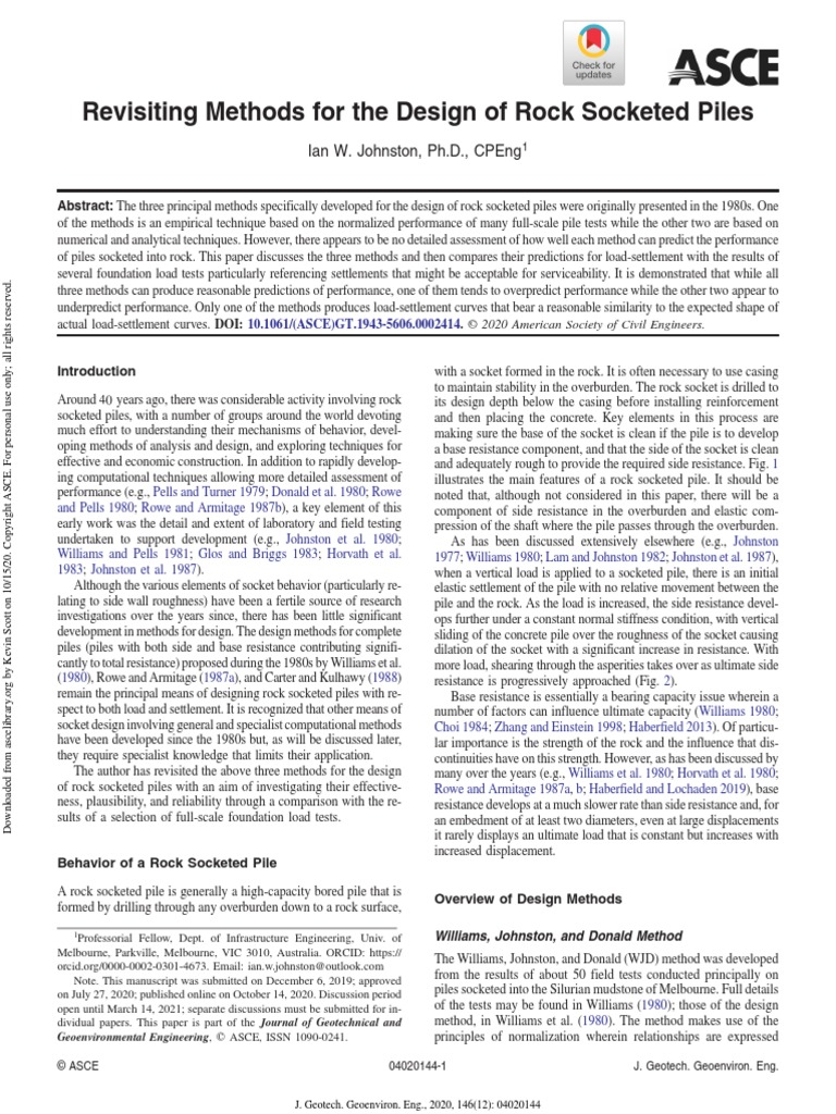 Johnston - Revisiting Methods For Design of Rock Socketed Piles (2020 ...